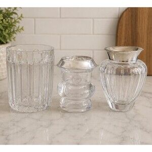 VTG 3 piece Crystal vanity dresser set including Asprey sterling silver vase